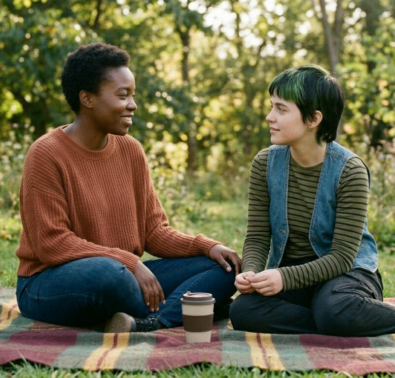 A thirty something woman and young girl sit on a blanket in a meadow talking