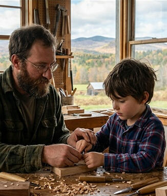 A bearded man helps a young boy learn to carve in a woodworking shop