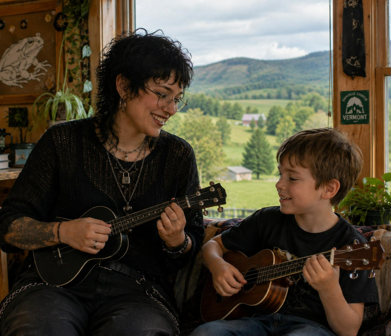 A spike-haired woman with tattoos teaches a young child to play the ukelele