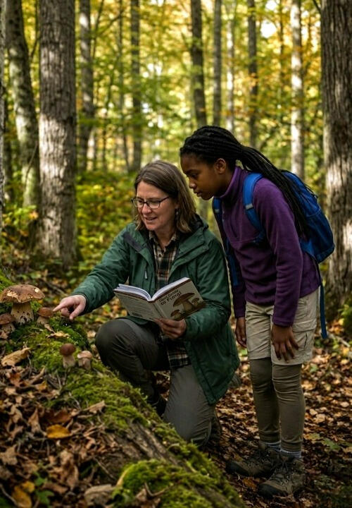 Mentor and mentee in the woods mushroom-hunting